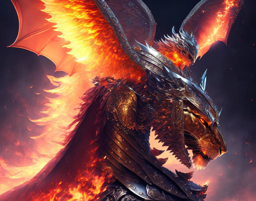 Fiery dragon with armored wings in flames