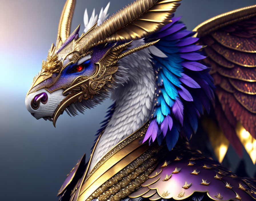 Majestic dragon with golden horns and colorful feathers in intricate armor