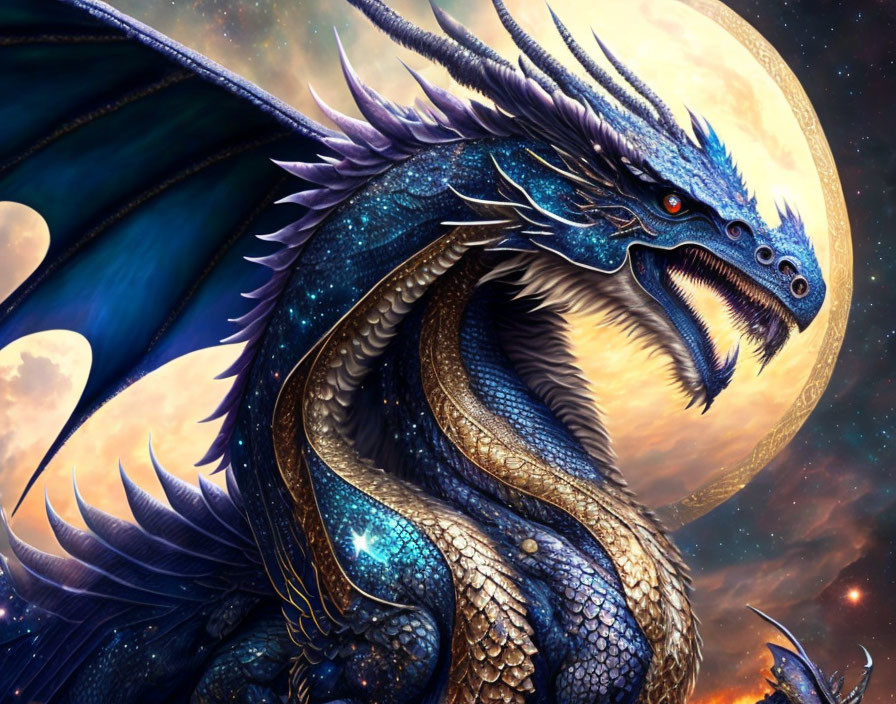 Blue dragon with shimmering scales under moon and stars with fiery nebula.