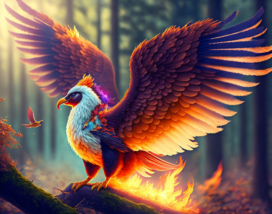 Majestic phoenix perched on forest branch with vibrant feathers and ethereal glow