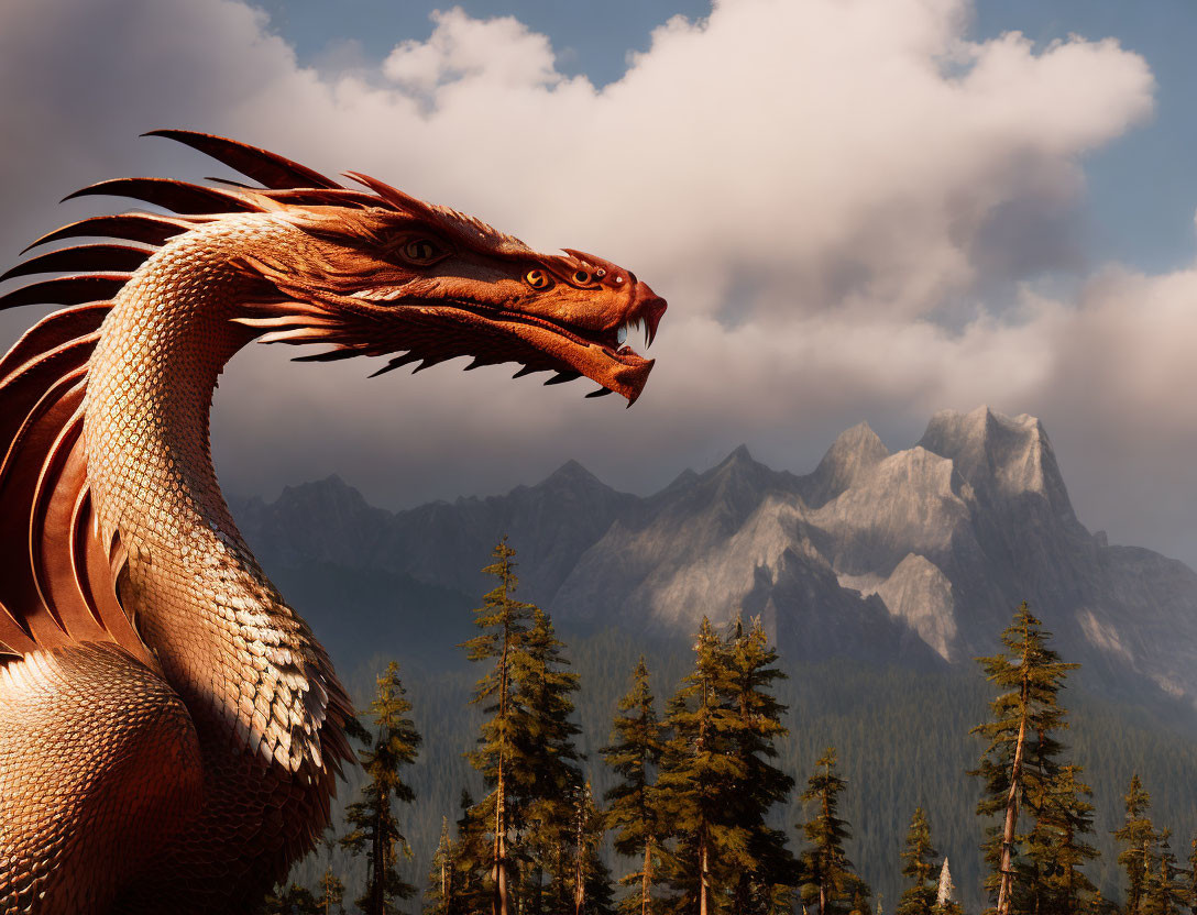 Red dragon overlooking forest and mountains in cloudy sky