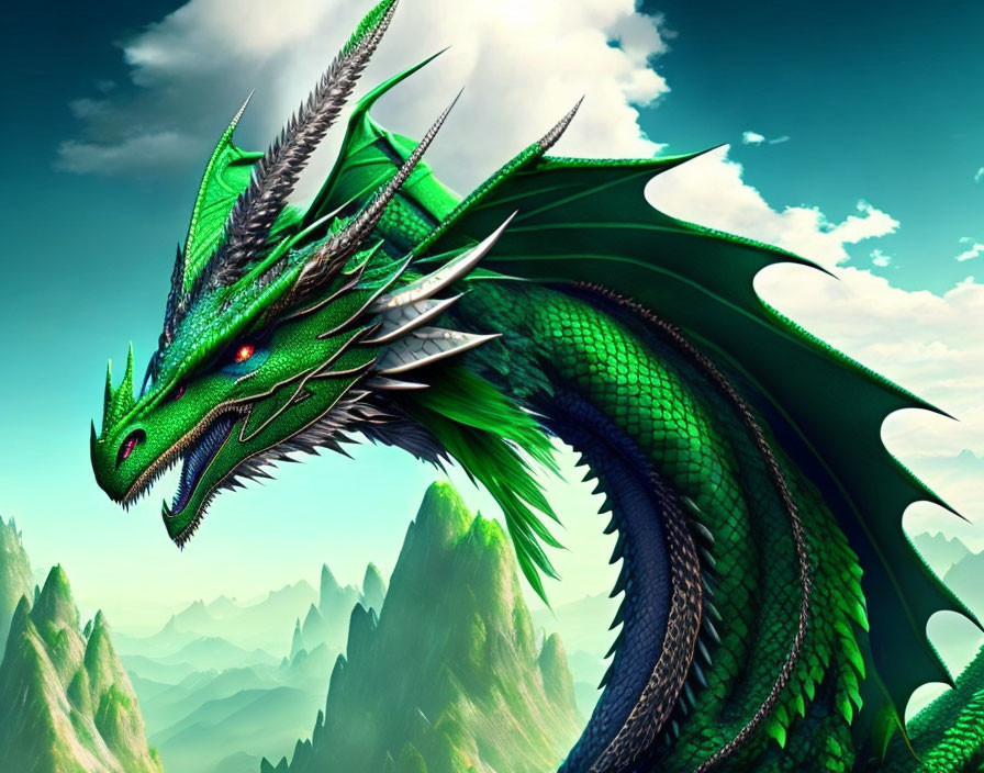 Majestic Green Dragon with Red Eyes in Mountain Landscape