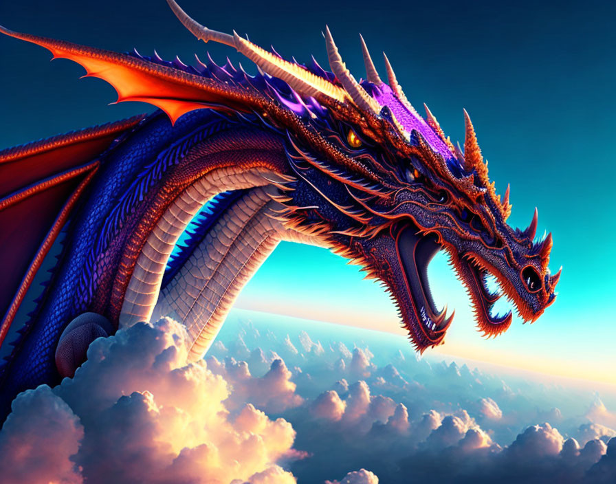 Majestic two-headed dragon with blue and purple scales flying at dusk