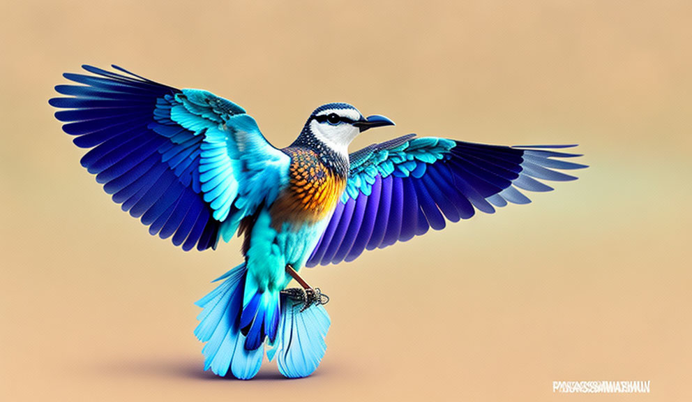 Colorful bird in flight with blue and orange plumage on tan background