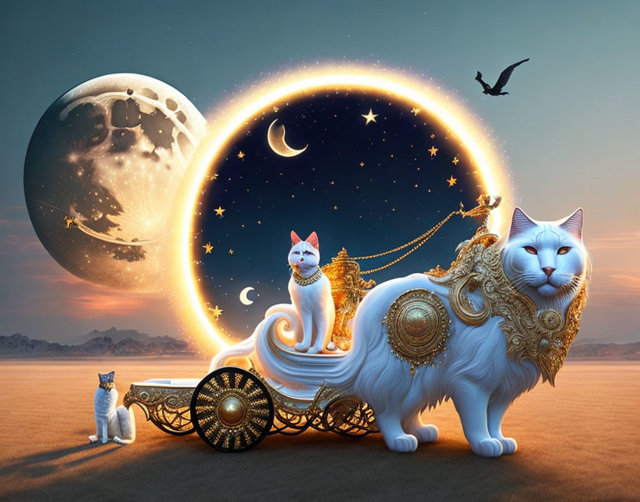 Fantastical oversized cats pull golden chariot in surreal desert with large moon.