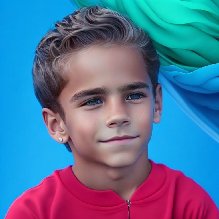 Digital artwork: Boy with curly hair and stud earrings in red zip-up shirt on blue background with green