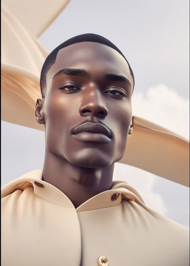 Portrait of a man in beige trench coat with smooth skin and full lips