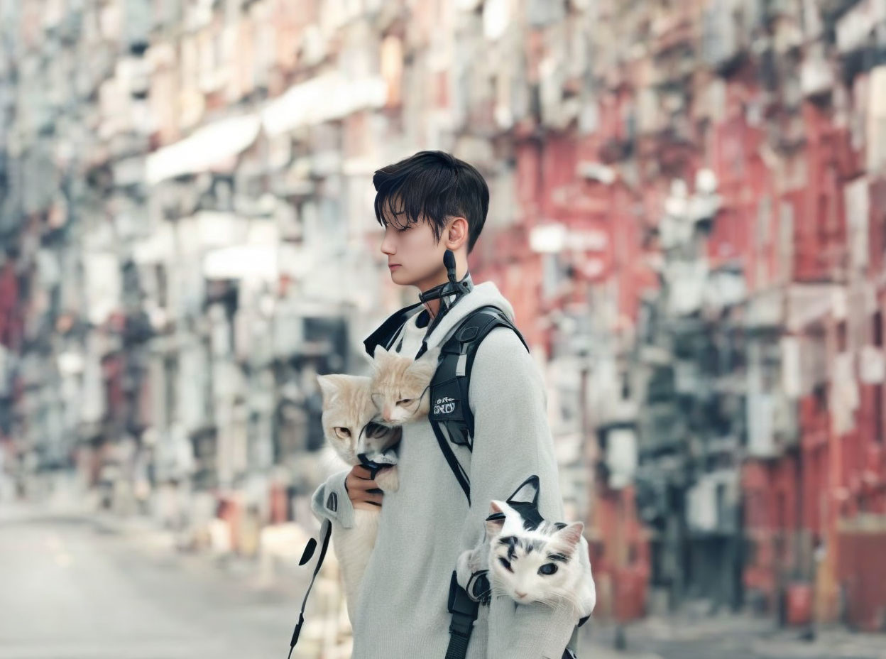 Person with Two Cats in Harness Against Urban Backdrop