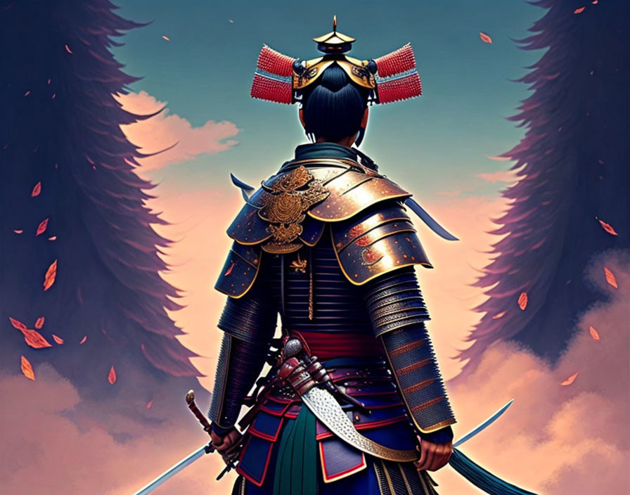 Samurai warrior in traditional armor in forest with falling red leaves