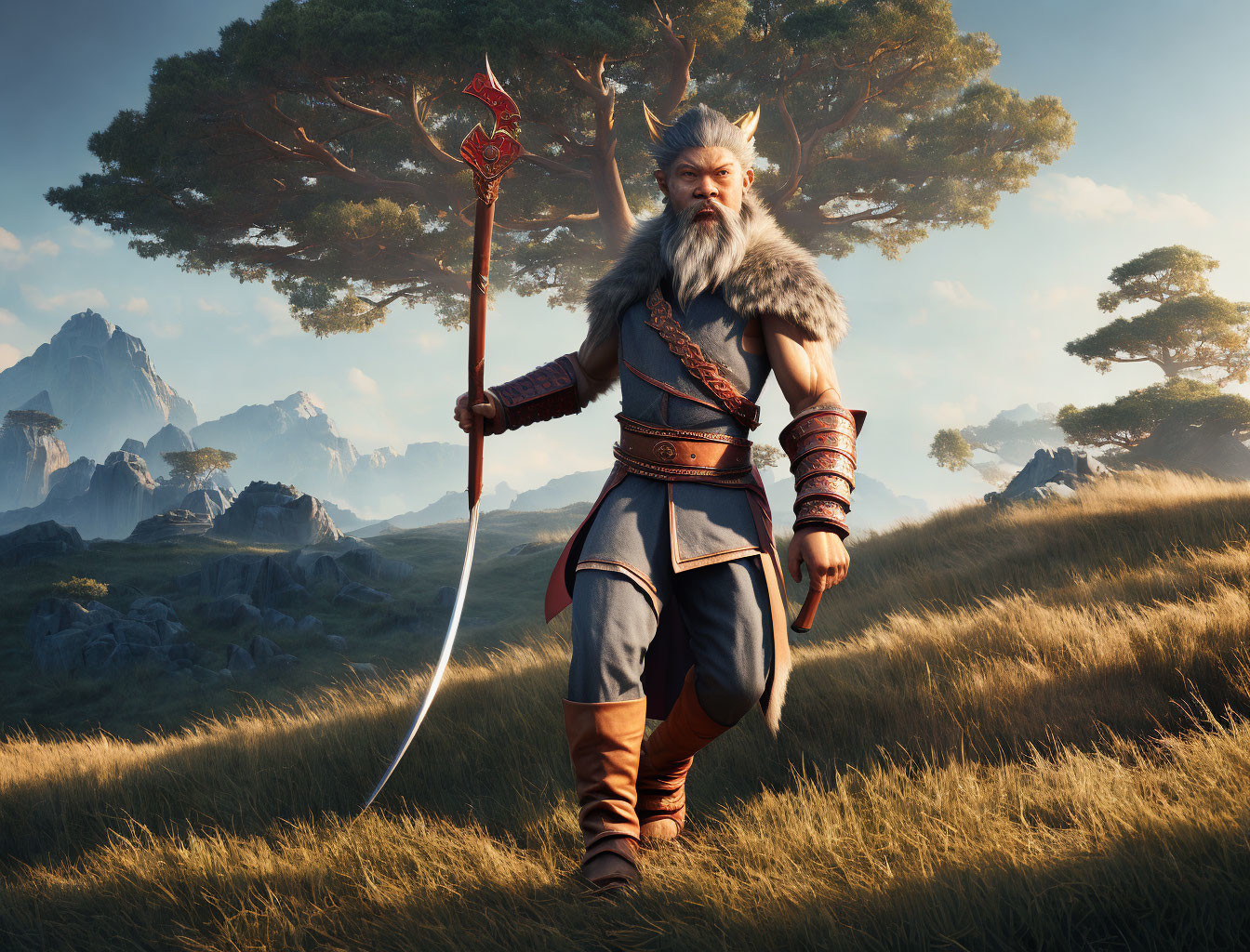 Bearded warrior in traditional armor with spear in serene mountain landscape