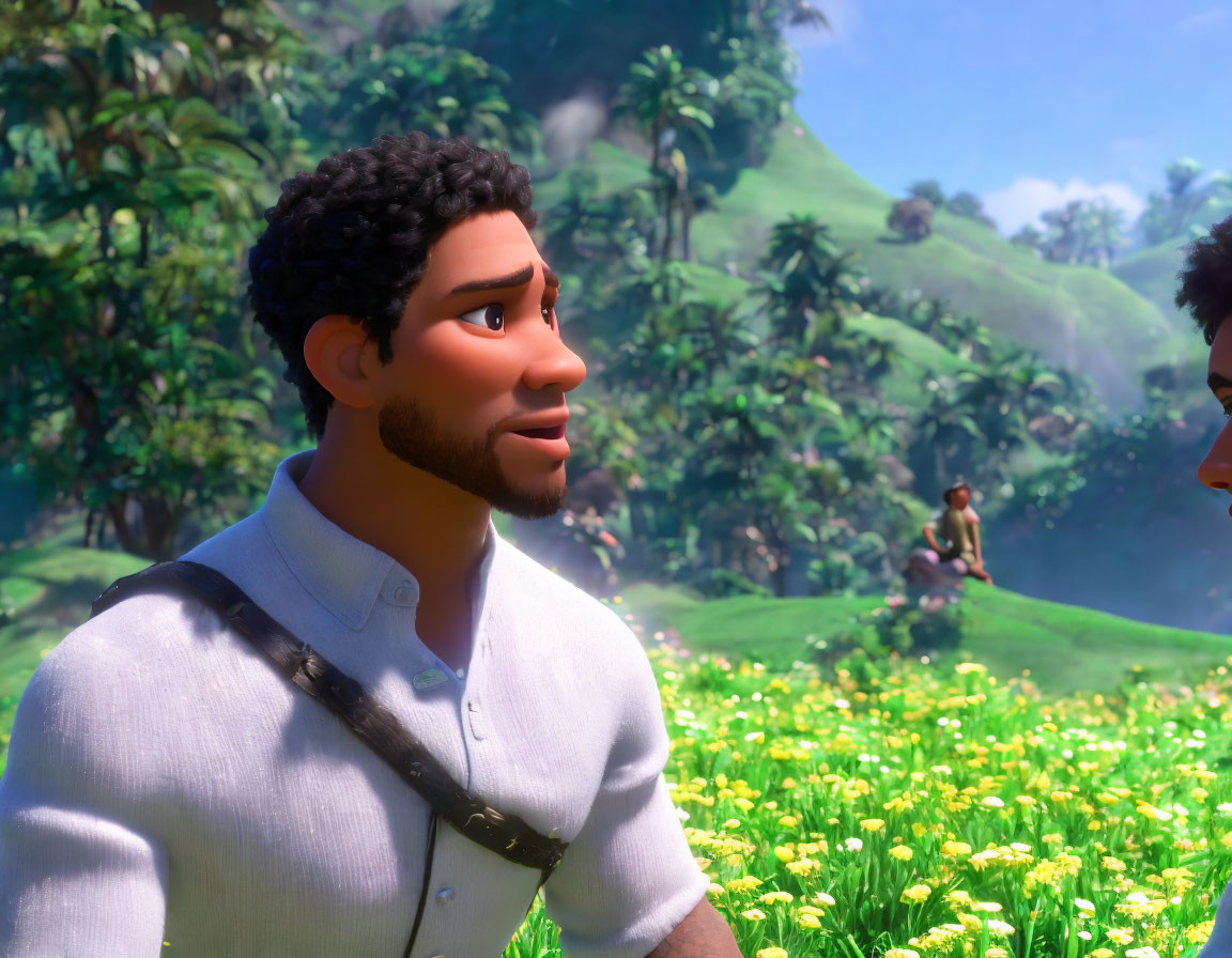 Curly Haired Animated Character in White Shirt in Green Field