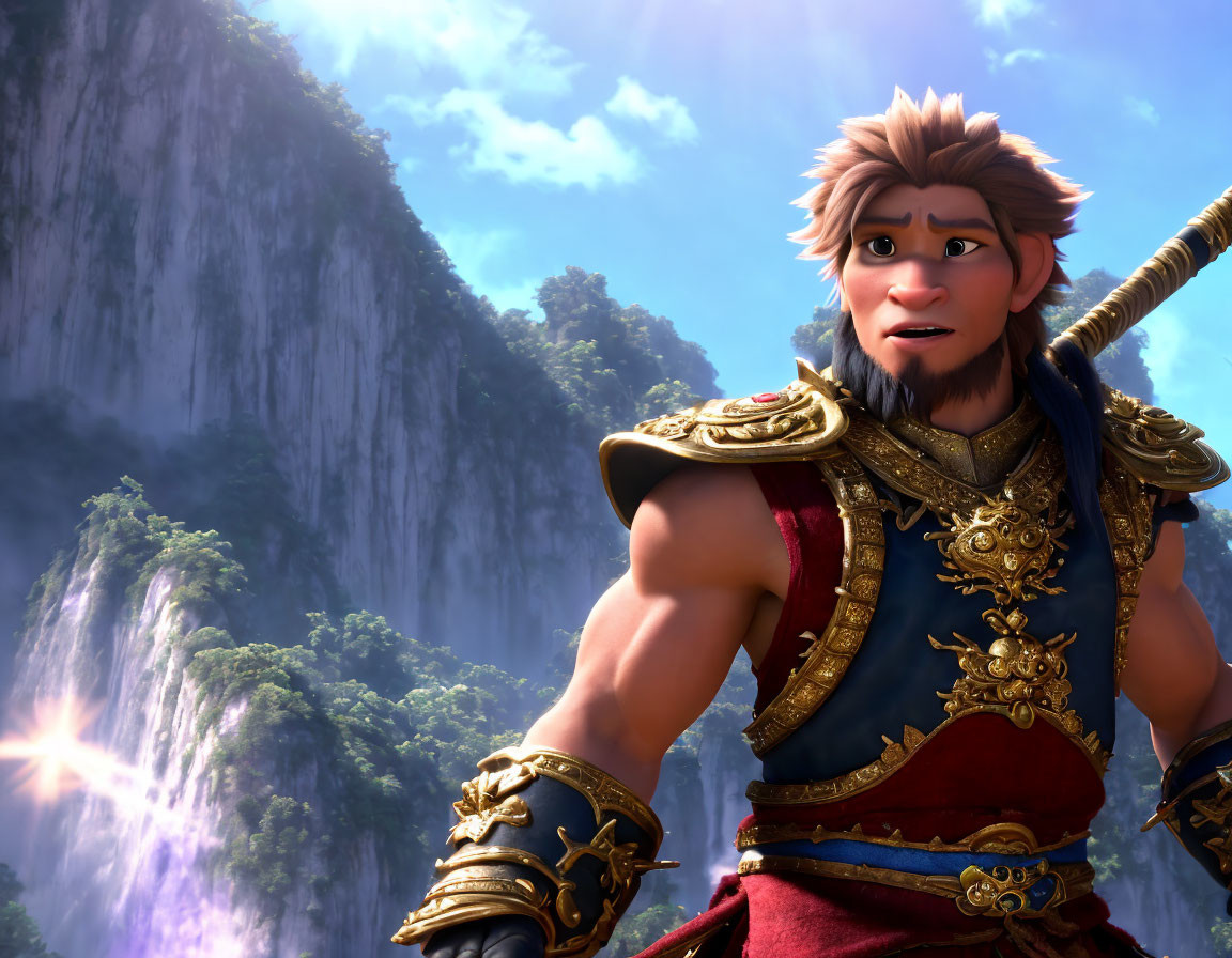 Brown-haired male character in ornate armor, set against cliff backdrop