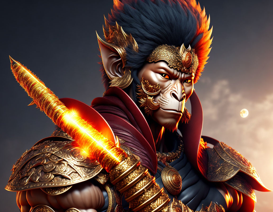 Anthropomorphic Monkey Warrior in Golden Armor with Glowing Spear