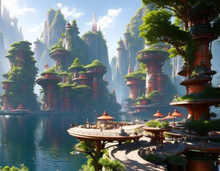 Fantastical landscape with towering rock pillars and Asian-inspired buildings interconnected by bridges over calm water.