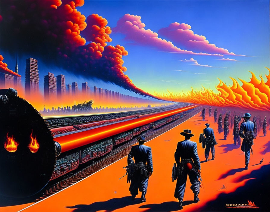 Apocalyptic landscape with figures near pipeline fires