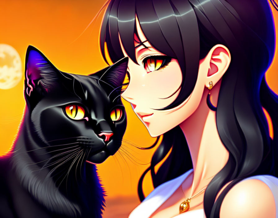 Black-haired woman and black cat with yellow eyes in close-up against orange sky