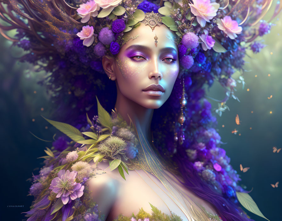 Surreal portrait of woman with lavish floral headdress on dreamy background