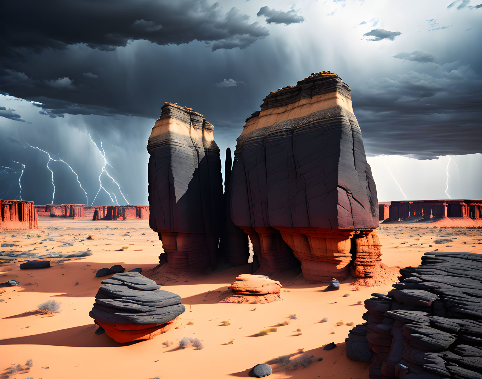 Dramatic desert landscape with lightning and sandstone formations under stormy sky