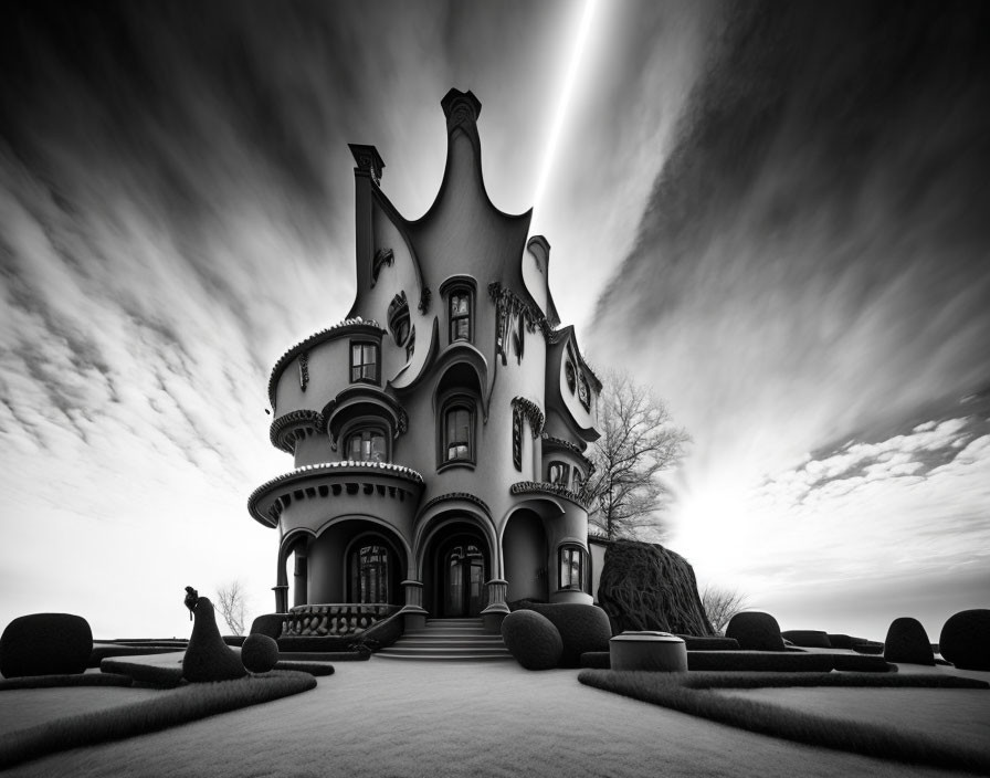 Whimsical curvy house in surreal black and white setting