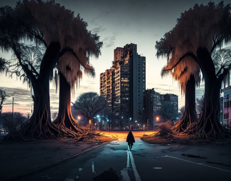 Solitary figure walking on abandoned street at twilight