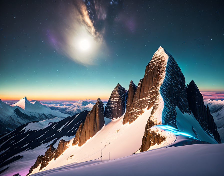 Snowy Mountain Peaks under Vibrant Milky Way Sky