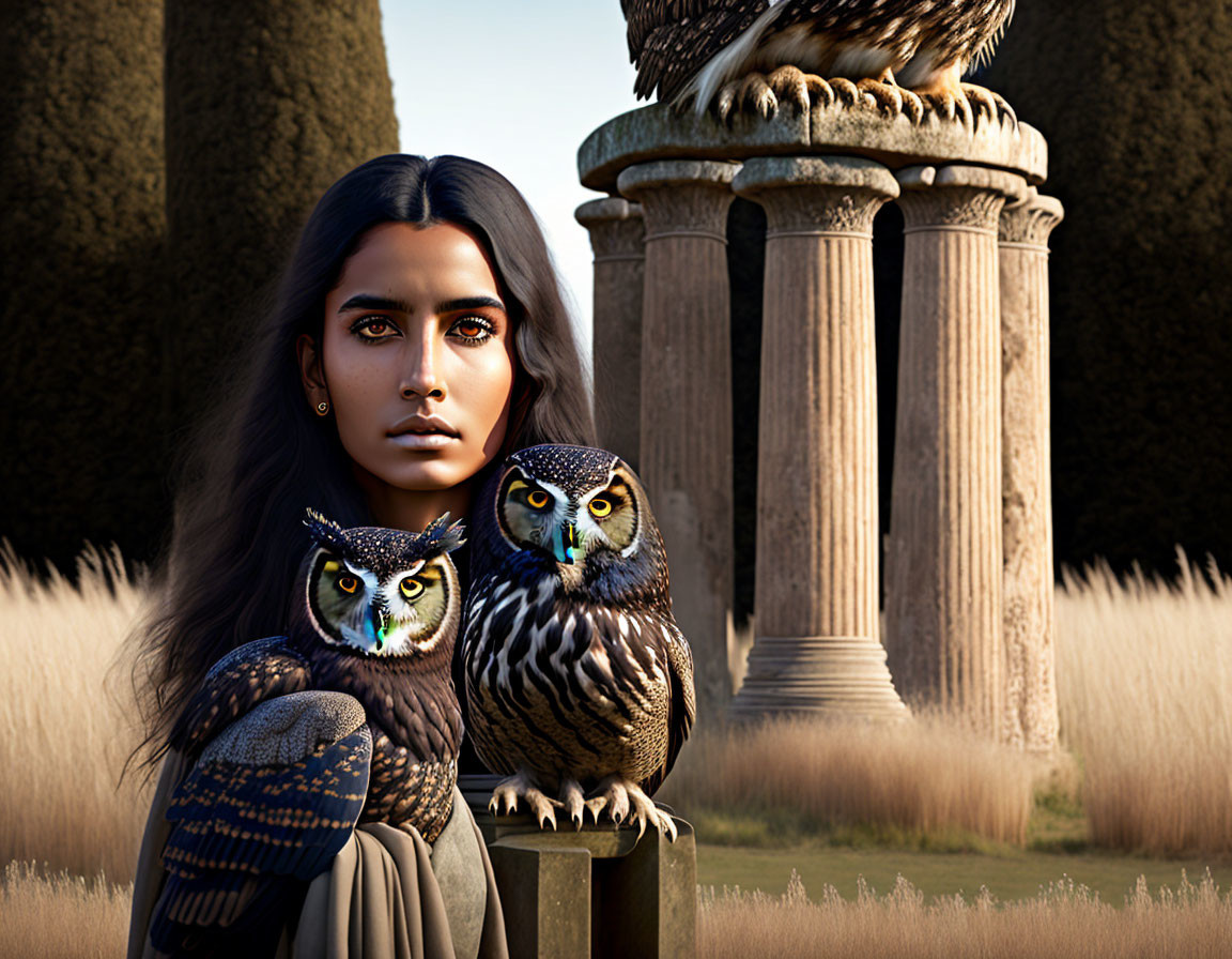 Dark-haired woman with piercing eyes, two owls, Greek columns, and eagle statue in art.