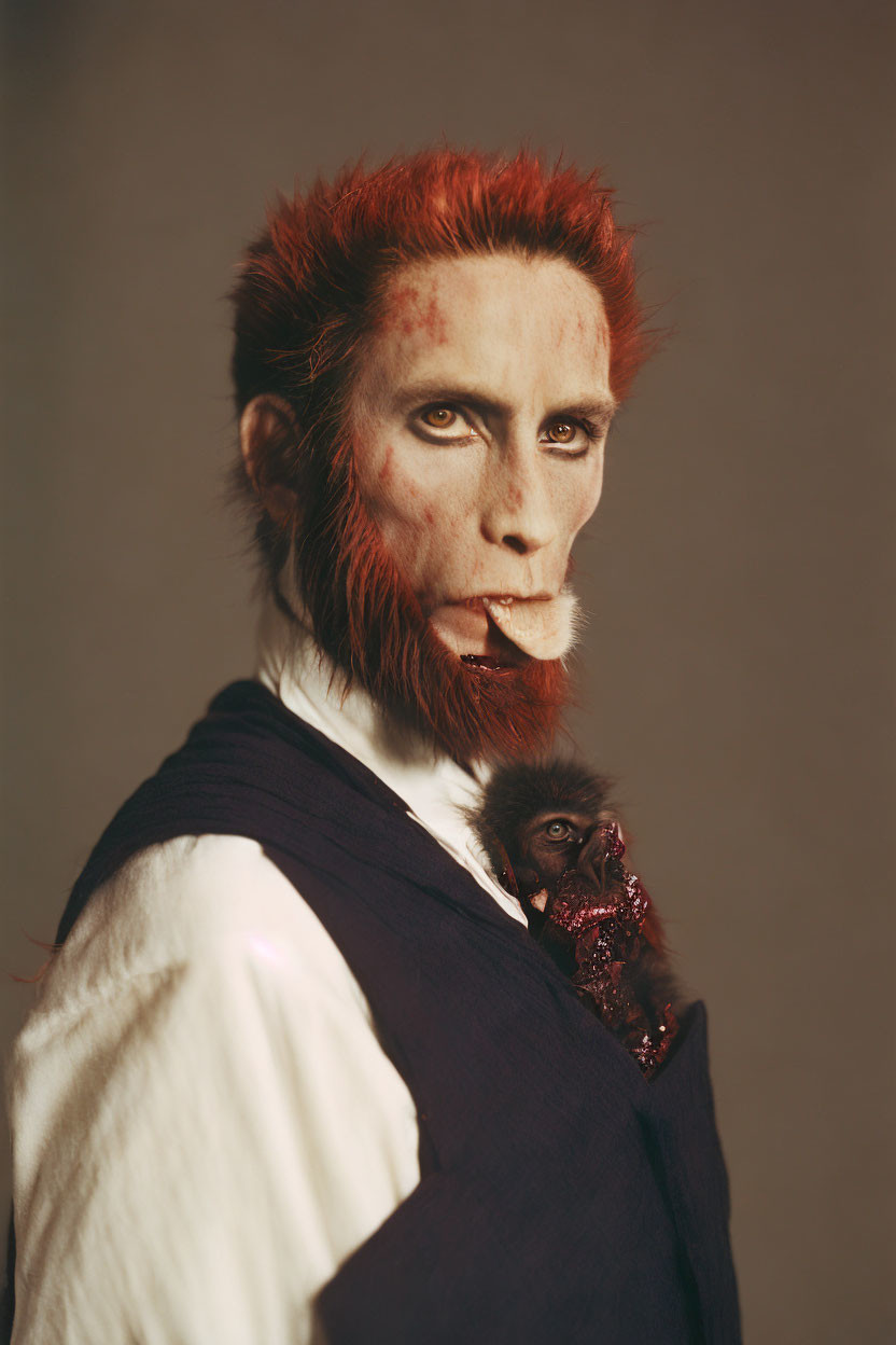 Portrait of person with simian features, red hair, makeup, holding a monkey