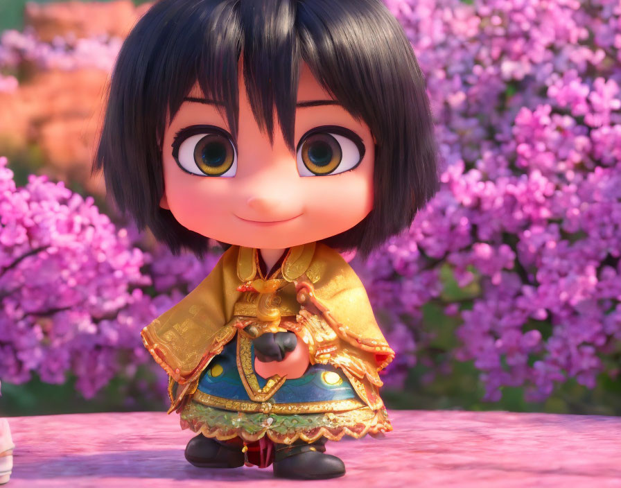 Animated character in traditional golden outfit with black hair and big eyes among pink blossoming flowers