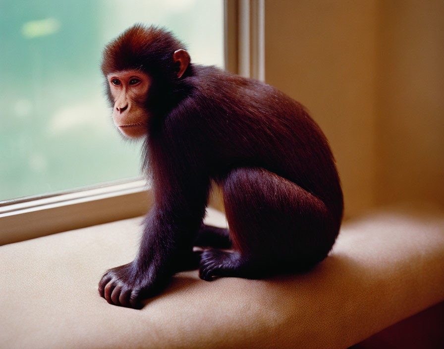 Young baboon with pensive expression on indoor bench near window