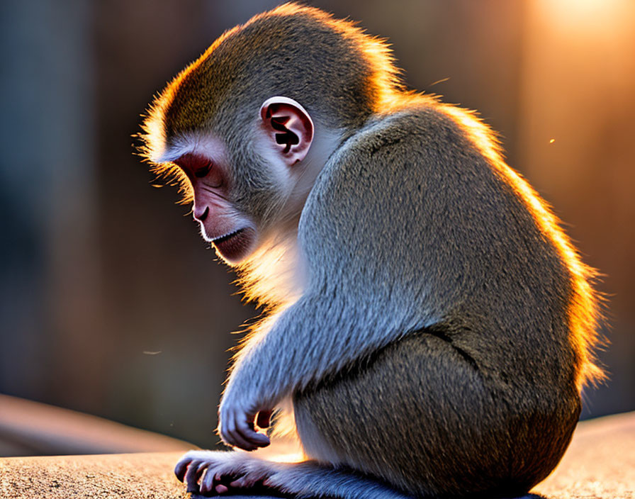 Monkey in sunlight with arched back and fur edges in soft-focus background