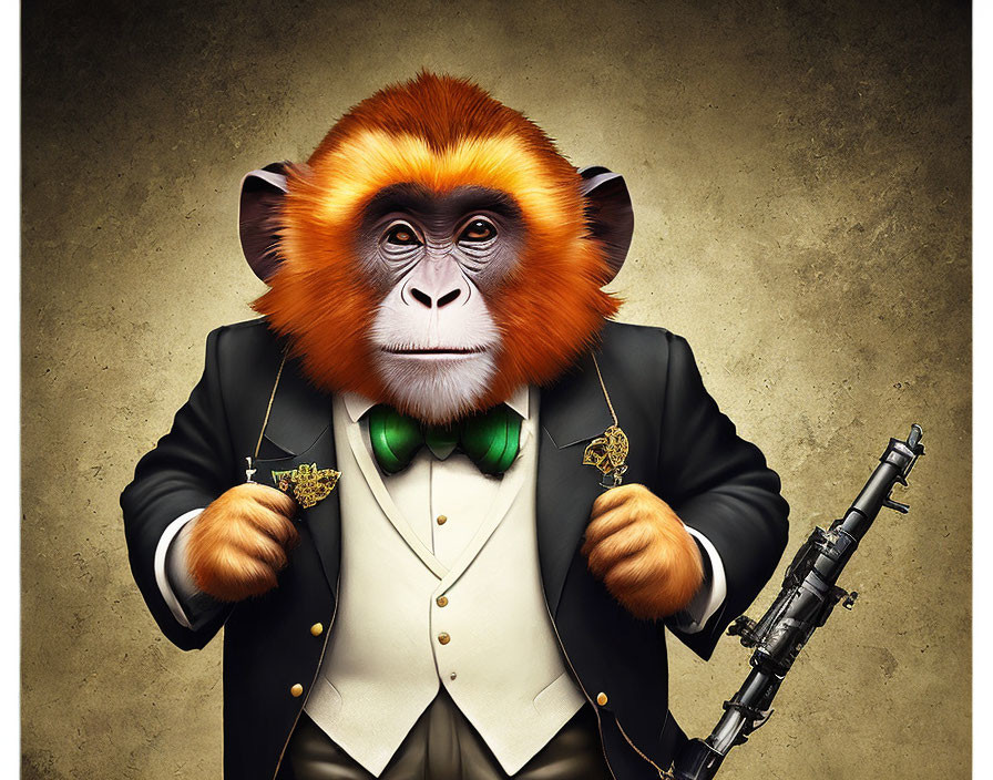 Monkey with orange face in tuxedo holding gun and brass knuckles