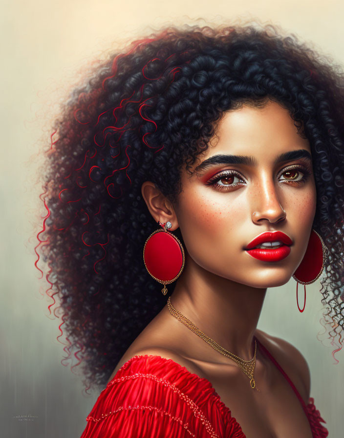 Voluminous Curly Hair Woman with Red Eyeshadow and Earrings Portrait