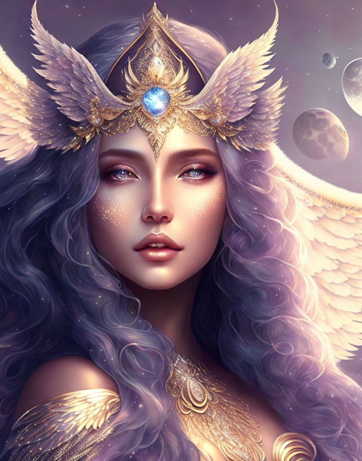 Fantasy portrait of woman with long wavy hair and ethereal wings