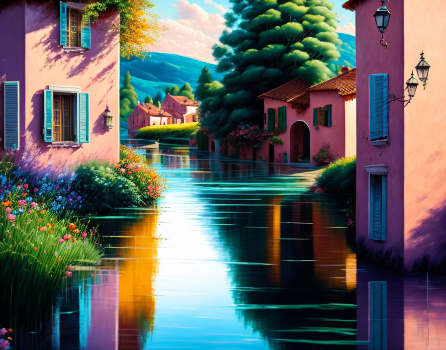 Colorful houses and lush vegetation by peaceful waterway