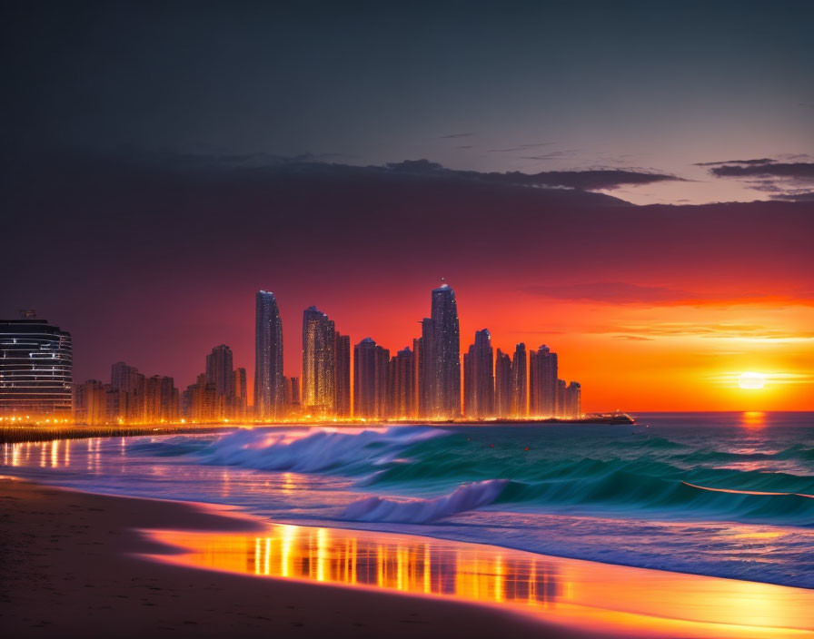 City skyline sunset over beach with water reflections and crashing waves