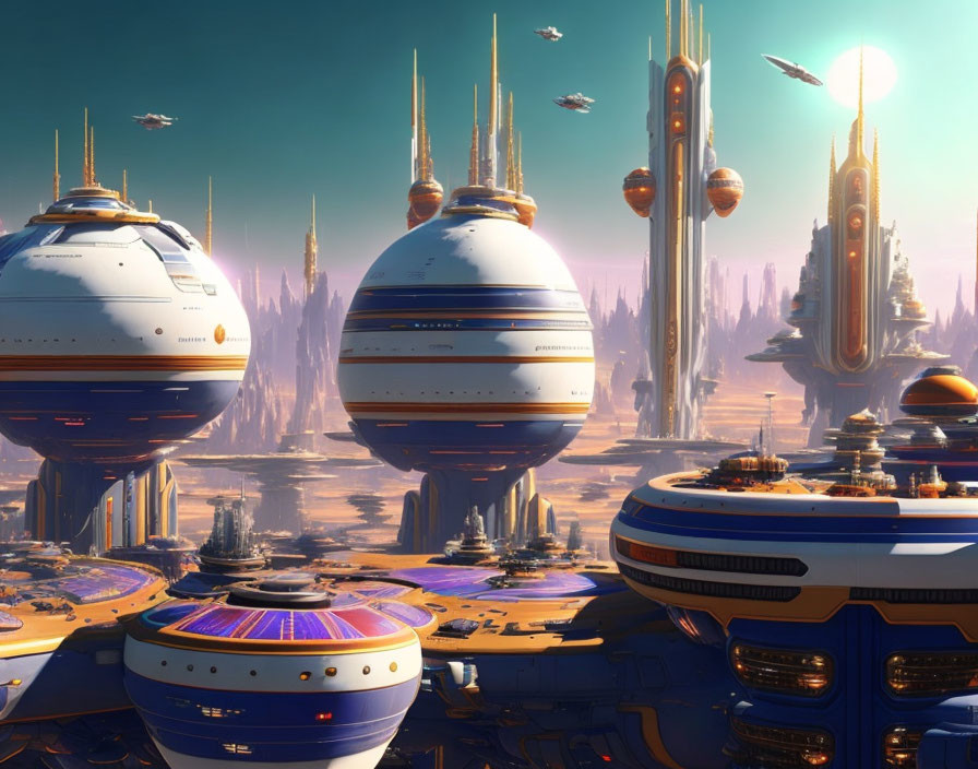 Futuristic cityscape with towering spires and flying vehicles