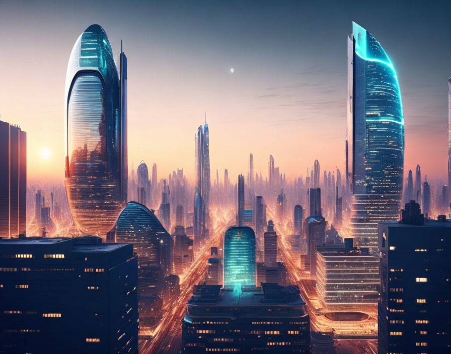 Futuristic cityscape at sunrise with tall skyscrapers and glowing traffic