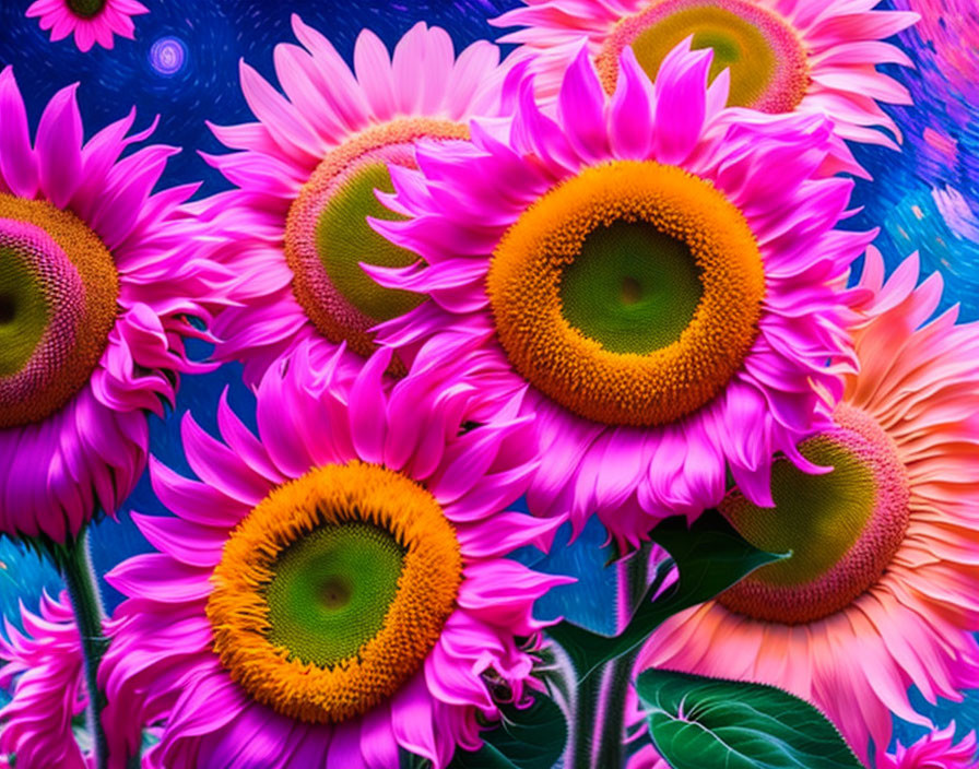 Vivid magenta sunflowers on blue floral background