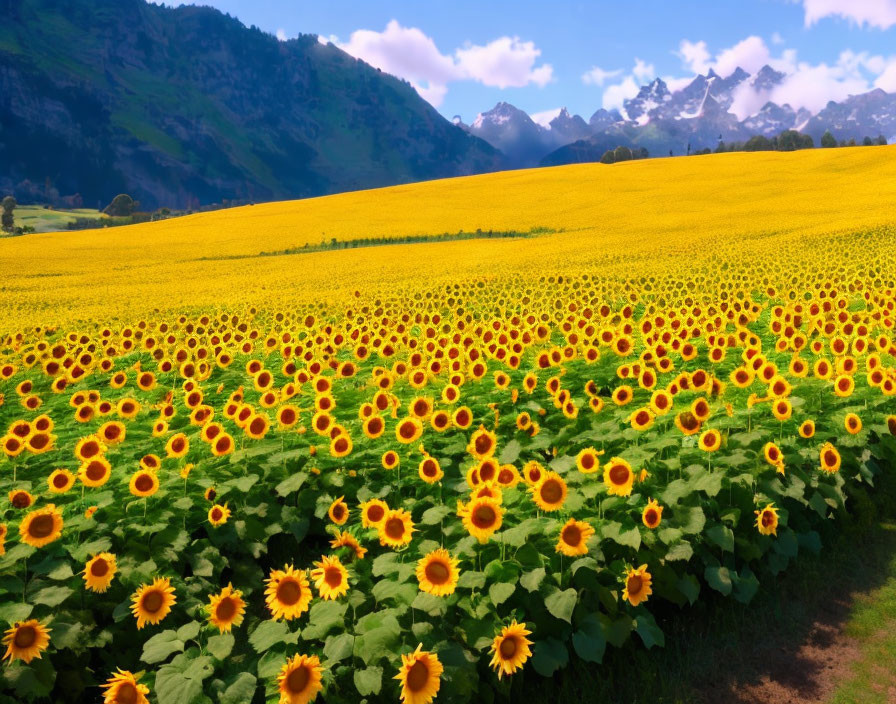 Sunflower Field with Green Mountains and Snow-Capped Peaks