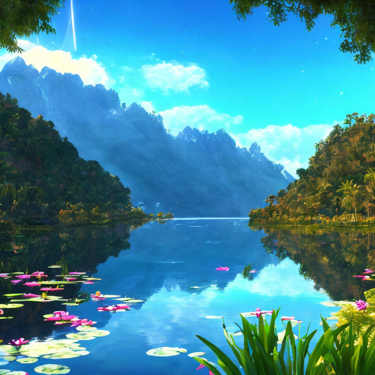 Tranquil lake with water lilies, greenery, mountains, and comet in clear blue sky