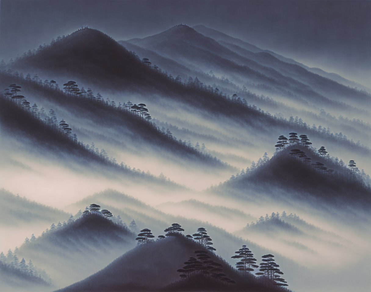 Misty Mountain Ranges and Silhouette Trees under Blue Sky