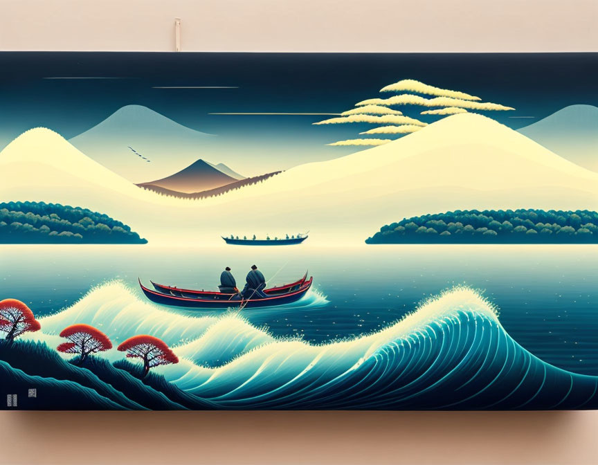 Two People in Red Canoe on Blue Ocean with Mountain Background