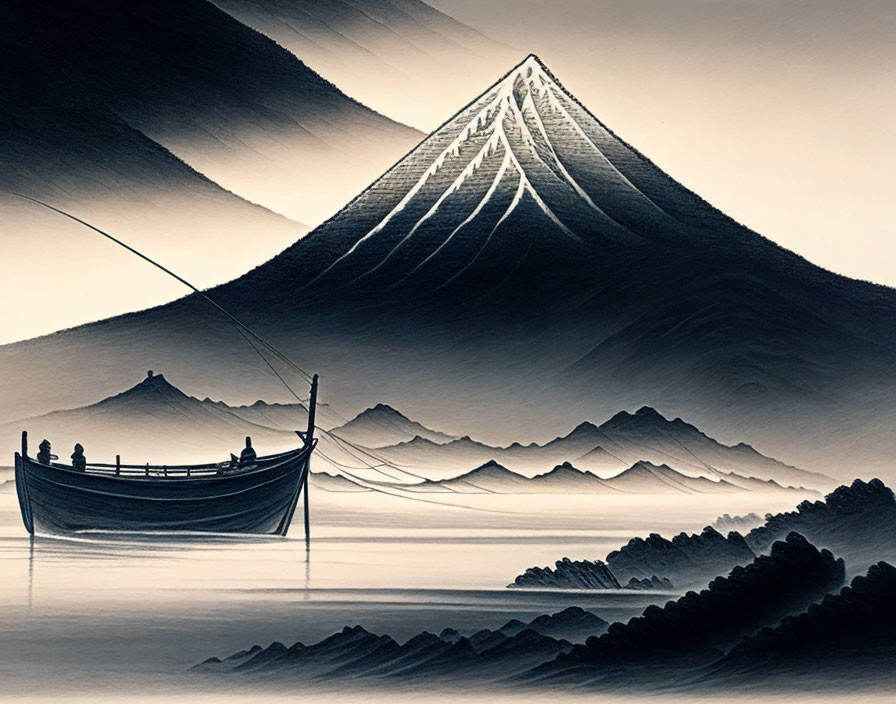 Monochrome traditional boat on calm water with layered mountain landscape.