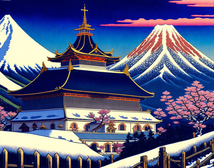 Traditional Japanese pagoda with Mount Fuji and cherry blossoms at dusk