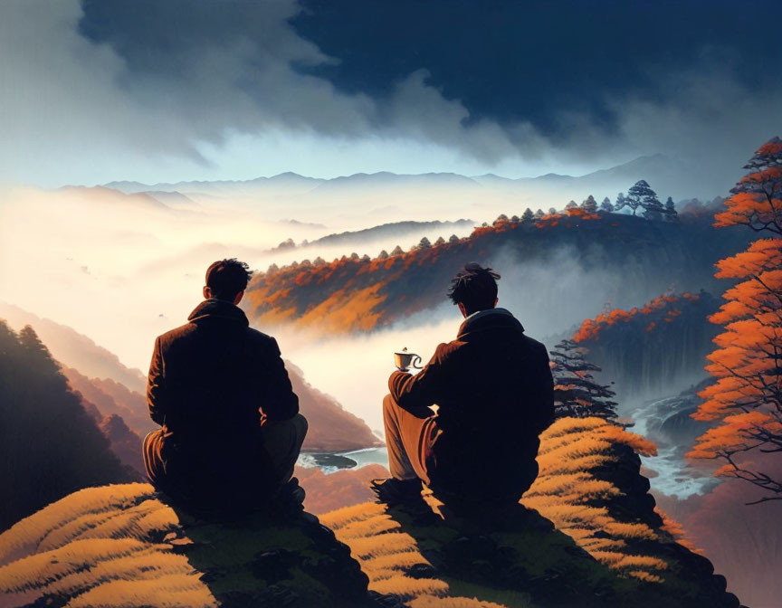 Two people admiring misty mountains at sunset from grassy overlook