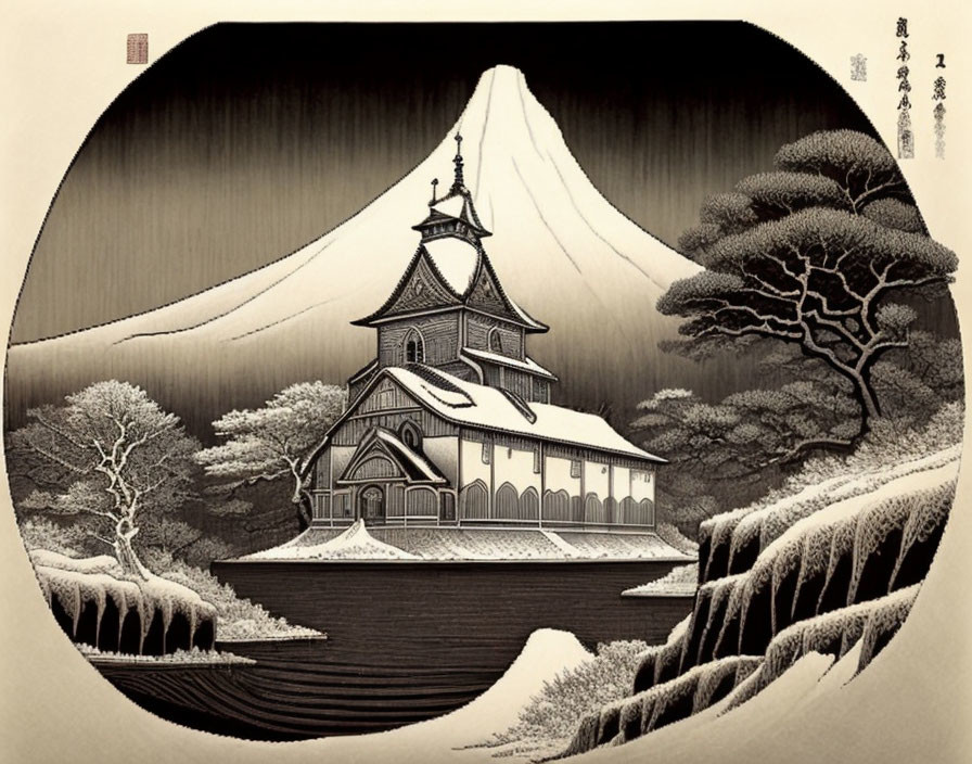 Japanese Woodblock Print: Pagoda Building & Mt. Fuji in Monochrome