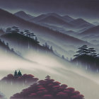 Misty Mountain Ranges and Silhouette Trees under Blue Sky