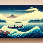 Two People in Red Canoe on Blue Ocean with Mountain Background