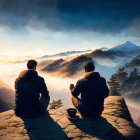 Two people admiring misty mountains at sunset from grassy overlook