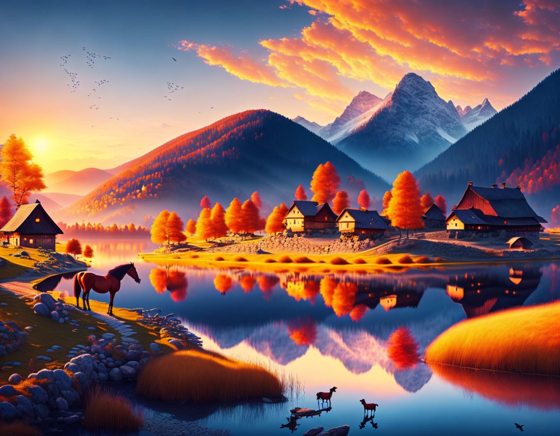 Autumnal lakeside sunset with reflecting houses, mountains, and grazing horse